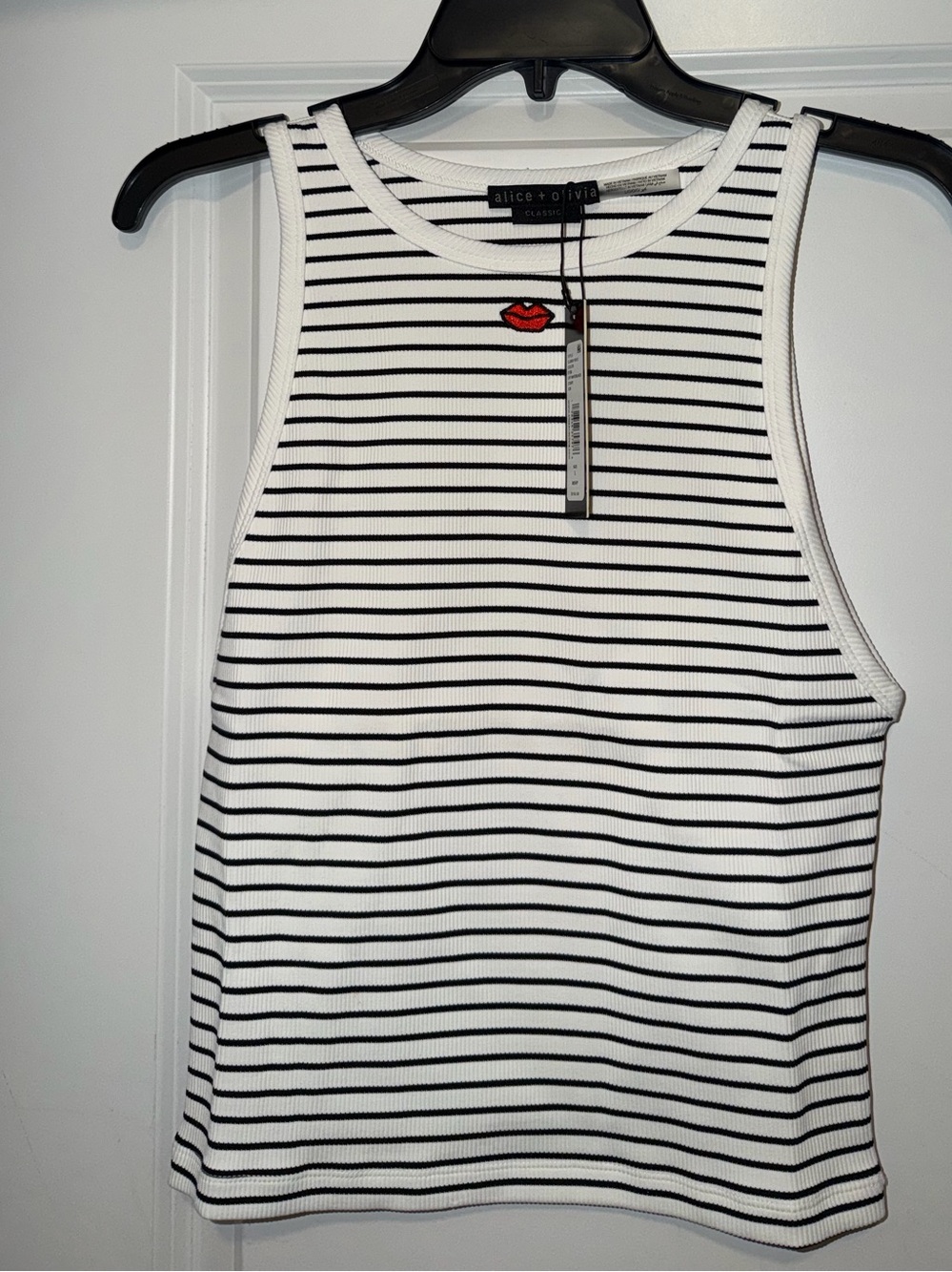 Alice + Olivia White Tank Top with Black Stripes and Red Lip Patch